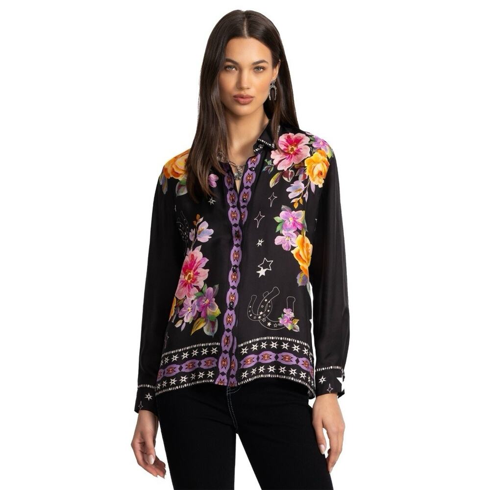Johnny Was Rosalynda Button Down Shirt Blouse Western Kasumi Floral Top Black XS